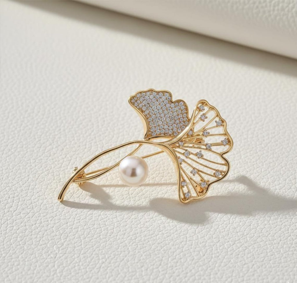 Golden Ginkgo Leaf Brooch: Pearl Accent - Elegant Handmade Pin Gift for Mom