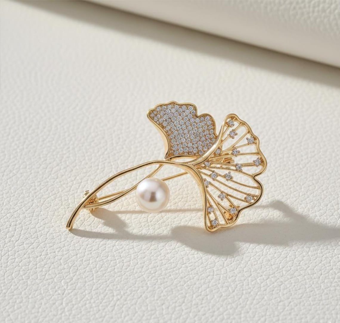 Golden Ginkgo Leaf Brooch: Pearl Accent - Elegant Handmade Pin Gift for Mom