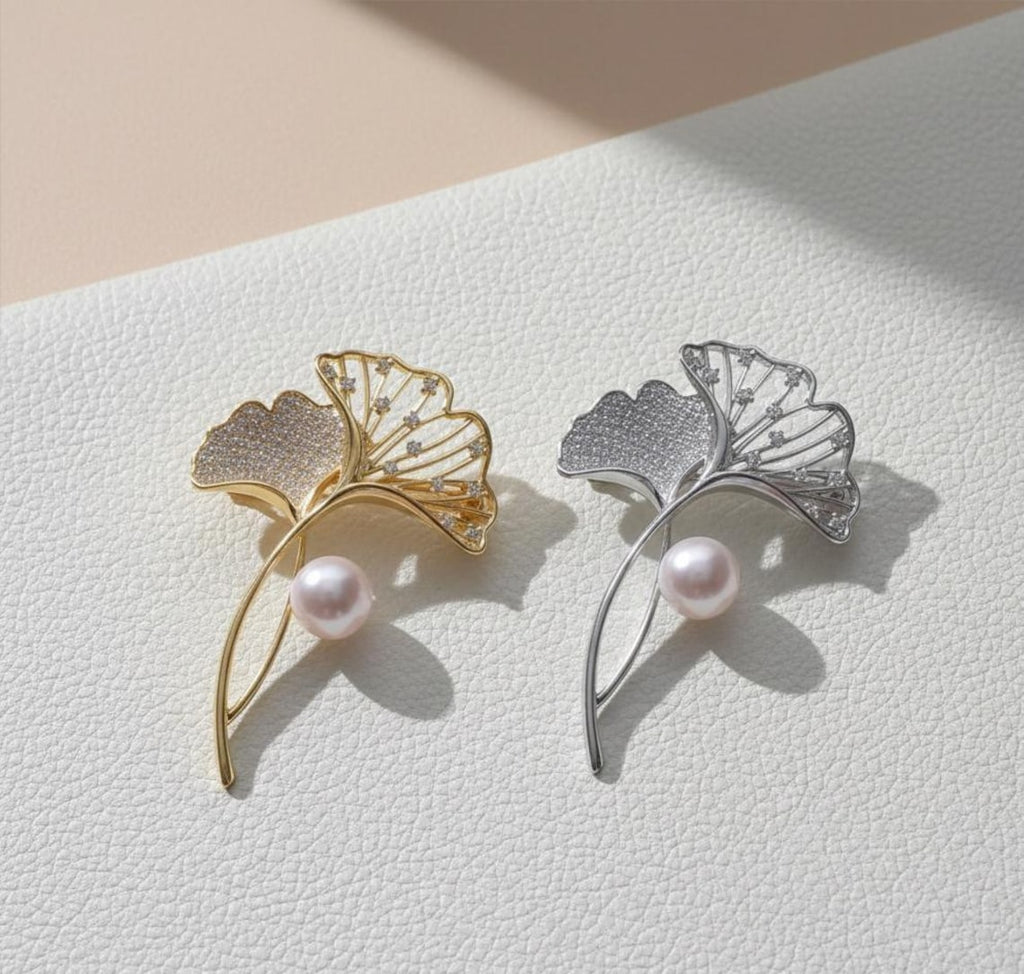 Golden Ginkgo Leaf Brooch: Pearl Accent - Elegant Handmade Pin Gift for Mom