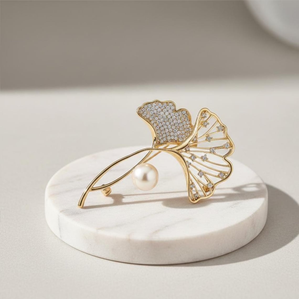 Golden Ginkgo Leaf Brooch: Pearl Accent - Elegant Handmade Pin Gift for Mom